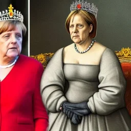 renaissance painting of angela merkel wearing a crown in front of the reichstag building