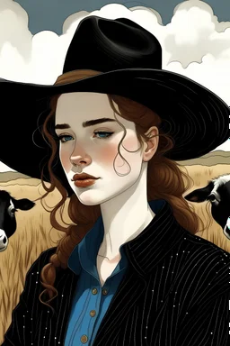 drawing of woman with pale skin, freckles, brown braided hair, blue eyes, black cowboy hat, surrounded by cows, black coat, wheat field