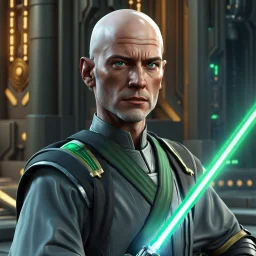 star wars bald male corellian jedi pilot wearing black and gunmetal grey old republic armored robes with gold trim inside the jedi temple holding a lightsaber with viridian green blade in left hand, centered head and shoulders portrait, hyperdetailed, dynamic lighting, hyperdetailed background, 8k resolution, volumetric lighting, light skin, fully symmetric details