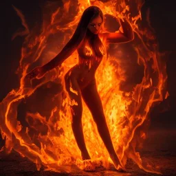 woman made of fire, succubus, fire clothes, full body portrait, long flowing hair, only wearing skin-colored bikini, highly detailed, real life photo, photo quality, extremely detailed, high quality, standing in fire