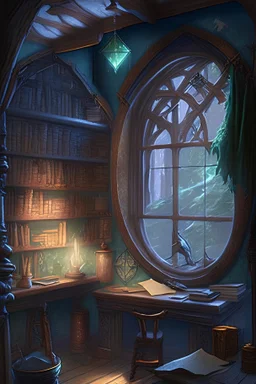 interior of a wizards study, window on the wall