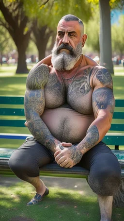 full body shot photography of a tanned ugly chubby sicilian burly chubby man 52 years old, tattoo, shaved hairs, long beard, stained undershirt, grey boxer, manly chest, relaxing sitting on a bench in a public park, outstretched arms, sunlight, photorealistic , relaxed eyes, ultra detailed, Canon EOS, 35mm lens, ground view, view from below