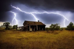 Old farmhouse, wasteland, lightning, ruins, rain, craters, dead trees, biohazard, radiation