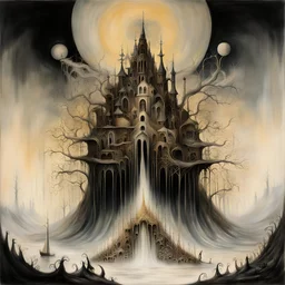 Color oil painting by Stephen Gammell and Kay Nielsen, heavily inspired by the unsettling symbolism of Johfra Bosschart, flourishes of Santiago Caruso, expansive surreal horror art depicting a doomsday lottery ritual by the furies, nightmare sympathies, deep colors, cinnamon tints, macabre, moody, by Victor Pasmore, expressionism