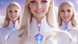 cosmic woman ,beautiful ufos rainbow, admiral from the future, galactic confédération, fine whole face, crystalline skin, expressive purple eyes,rainbow, smiling lips, very nice smile, costume pleiadian, Beautiful tall woman pleiadian Galactic commander, ship, perfect datailed golden galactic suit, high rank, long blond hair, hand whit five perfect detailed finger, amazing big puple eyes, mouth, high définition lips, cosmic happiness, bright colors