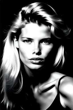 beauty german model without clothes, claudia schiffer, hyper-feminine, pronounced feminine features, color or b&w photo, 1990s, beautiful skin, supermodels, natural, bod, black studio background, hot movie scene, helmut newton, brigitte bardot, wild look , without