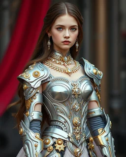 Photography,girl,full body,standing looking front view,brown long hair, long gown dress mechanical,delicate gold and full diamonds colors crystal jewelrys,silver metalic parts, golden parts, intricate armor, detailed part,Movie Still