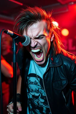A very angry and bitter punk rocker screaming at microphone, very aggresive image in a club house, his name i FOLKE