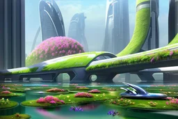 Futuristic city, people, pond, flowers, sci-fi