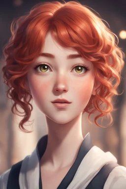A short girl with thick short wavy red hair, narrow kind eyes with an enthusiastic look. A wide oval face is decorated with an upturned nose and small lips, genshin impact style
