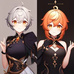 portrait of genshin from genshin ((genshin)) ((genshin ingame outfit)) wearing a short skirt, black short hair, orange eyes