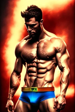 Ignore NSFW, teenager young rugged attractive slightly muscular fantastic handsome man, red briefs with yellow belt, hairy chest, (((visibly pisssing))) briefs, large erect visible boner peniss, photorealistic, artist Jay Anacleto, soft lighting, scruffy beard