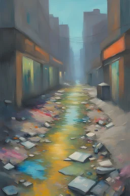 painting of a cyberpunk colourful natural walkway rubbish on the street in the city with pollution and a creek by monet