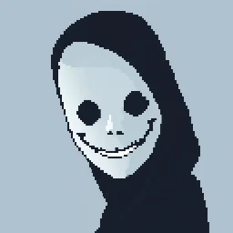 18 bit pixelart of a shadow figure with a white smooth wide smiling mask, no nose, no nose holes