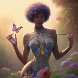 butterfly black woman in a garden, colorful, intricate, elegant, highly detailed, digital painting, artstation, concept art, smooth, sharp focus, illustration, art by artgerm and greg rutkowski and alphonse mucha