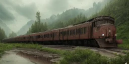 abandoned train of hogwarts on tracks overgrown by nature with large puddles of water flooding part of tracks, rain, 8k resolution, high-quality, fine-detail, intricate, digital art, detailed matte, volumetric lighting, illustration, 3D octane render, brian froud, howard lyon, selina french, anna dittmann, annie stokes, lisa parker, greg rutowski