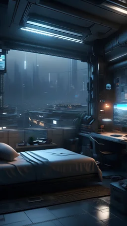 sci fi bedroom in busy city, cyber