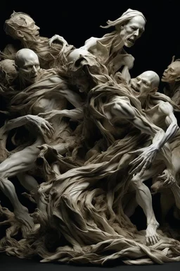 Imagine a mass of figures intertwined in a grotesque and chaotic embrace. Their bodies, covered in thin ragged cloth, merge together to create an unsettling and visually compelling image. Focus on showing different body types, skin tones and expressions ranging from anguish to ecstasy. It's not a sensual entanglement, but something disturbingly intimate. The figures' bodies weave in and out of gnarled, skeletal branches. These branches both sprout from the human forms and confine them, stretchin