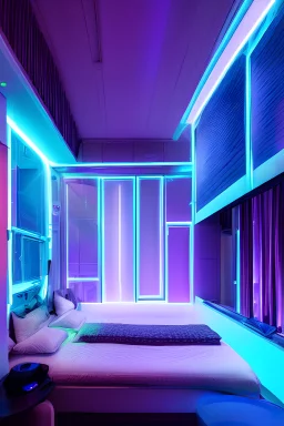 a bedroom, neon lights, dim light, futuristic, blue light, cable, electricity, ornate, detail, windows with skyscrapers, science fiction, blue purple neon, Cyberpunk Interior
