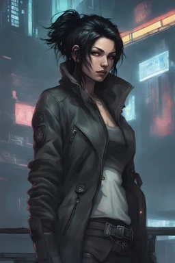 Cyberpunk black haired female netrunner
