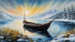 acrylic illustration, acrylic paint, oily sketch, winter, 8k breathtaking view of a shored Viking Boat laying on grass, Njardar (Sognefjord) , milky haze, morning lake mist, masterpiece, award-winning, professional, highly detailed in yvonne coomber style, undefined