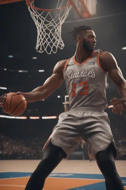 8k, highly realistic and detailed image of a NBA basketball player in action dunking the ball in the net, sweaty hair, screaming look,action and smoke and flames background