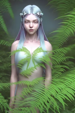 With a carefree abandon, Fiona sprawls amongst the ferns, her silvery hair fanning out around her like a halo of moonlight. Her cerulean eyes gleam with an otherworldly light, their pupils slightly dilated as they take in the ever-shifting colors of the hallucinatory world around her. Her cheeks bear a rosy flush, mirroring the warmth of her laughter and the forest's magic that courses through her veins. Her lips are curled into a perpetual smile, a testament to the joy that radiates from withi