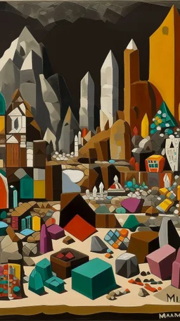 A brown mountain mine with crystals painted by Stuart Davis