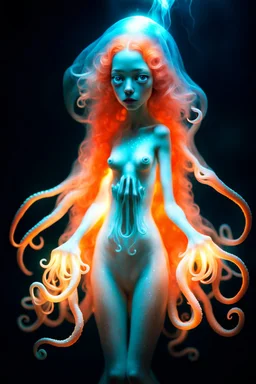 feral ginger girl squid ghost with a weird illusion glowing and shining