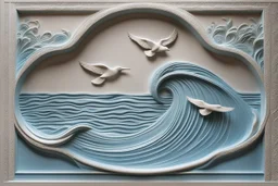 ((pale blue exquisite bas-relief art sea waves and birds on wall)) , with thin wavy lines decorative elements, work of art, intricate, vertical light, shadow, bas-relief art , masterpiece