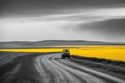 The yellow sky looms over the endless expanse of yellow fields in the West. The dusty road goes from left to right. A small red truck sits parked at two-thirds down the dusty road, a lone beacon of color against the monochrome landscape. The air is heavy with the scent of dry earth and distant memories, the sun beating down relentlessly, casting long shadows that stretch across the arid plains.