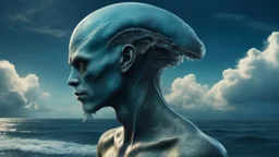 professional portrait of a alien race tatooed typ, the head with 3d bony growths under the skin on the head normal face full body side view the backdrop sea and clouds the sea is ocean_blue the male is natural colored , abstract beauty, approaching perfection, delicate face, dynamic, moonlight, highly detailed, digital painting, artstation, concept art, smooth, sharp focus, illustration, art by Carne Griffiths and Wadim Kashin, shot with Sony Alpha a9 Il and Sony FE 200-600mm f/5.6-6.3 G OSS