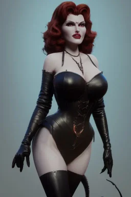 Rita Hayworth as evil queen in black leather, busty, cleavage, curvy, angry, stern look. character design by cory loftis, fenghua zhong, ryohei hase, ismail inceoglu and ruan jia. unreal engine 5, artistic lighting, highly detailed, photorealistic, fantasy