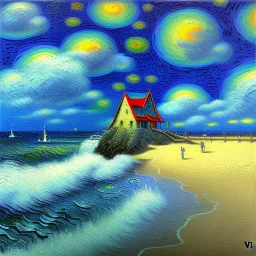 Dibujo al oleo de una casa en la playa con gaviotas con nubes con estilo de Vincent van Gogh