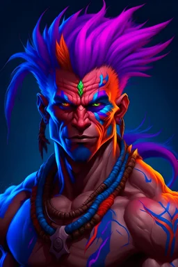 muscular physique. Its skin is a vibrant shade of neon purple, with swirling patterns of electric blue and hot pink that seem to dance across its body. head is adorned with a wild and asymmetrical hairstyle, featuring a mix of razor-sharp spikes and untamed dreadlocks of various colors, ranging from blazing orange to acid green. Its eyes are a piercing shade of crimson, glowing with an otherworldly intensity that reflects its mischievous nature.wears a torn leather jacket