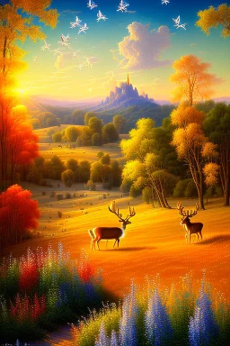 Walt Curlee style illustration of a bucolic countryside, with deer roaming in the meadow, birds and butterflies in the trees. intricate details, masterpiece, museum quality, sharp focus, vibrant colors, Maxfield Parrish style blue sky, indigo, red, earthy, hyper-realistic