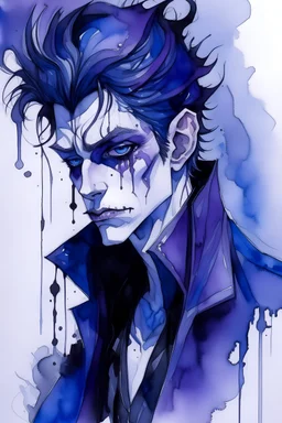 An ink wash and watercolor illustration of a young Goth vampire male with highly detailed hair and facial features , in the abstract expressionist style, indigo and amethyst, ragged and torn Victorian costumes, hard , gritty, and edgy depictions, portrait vibrant forms, bat, ethereal, otherworldly