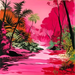 A pink jungle with a soothing river painted by Andy Warhol