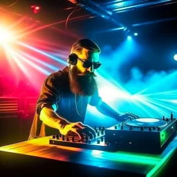 Dance hall ,dj play ,laser lights, l, beard DJ play music with DJ desk,smoke