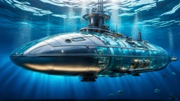 An unique futuristic glass and metal submarine in the ocean, with large of water surrounding it. The submarine bottom positioned in the center of the frame, providing a unique perspective on this streamlined high-techstructure and interior equipment underwater, high detalied, sharp focus, best shot, sci-fi mood