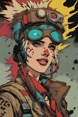 In the dimly lit cavern of the underground bunker, Tank Girl stood as a vibrant and untamed force of nature. Her appearance was a riot of color and defiance, a living embodiment of the underground spirit. Tank Girl's hair, a shock of wild crimson and turquoise, cascaded around her like a cascade of fire, defying gravity with its unruly exuberance. Her piercing eyes, a kaleidoscope of mischief and rebellion, sparkled with a manic energy that could ignite a room. She wore a hodgepodge of garments,