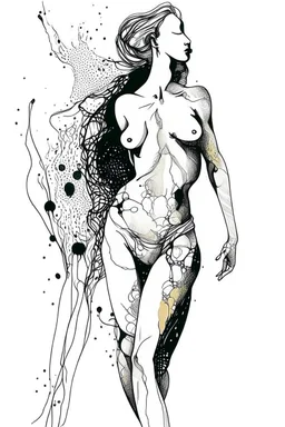 Ink drawing graphics venus figures , line drawing, white background, negative space, splashes of soft colours