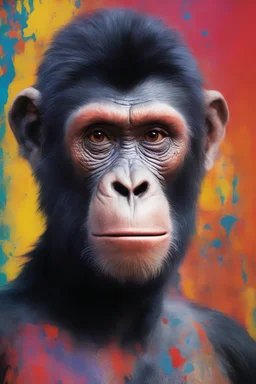 Roddy McDowall as Cornelius the chimpanzee from Planet of the Apes - extremely colorful, multicolored paint splattered wall in the background, oil painting by Leonardo da Vinci