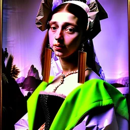 Portrait of a spanish long hair woman green sad eyes looking to viewer beautiful busty voluptous by JOHANNES VERMEER Ingres 8k