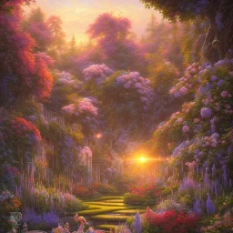 View of a beautiful sunset in the garden, oil on canvas, intricate, portrait, 8k highly professionally detailed, HDR, CGsociety, illustration painting by Mandy Jurgens and Małgorzata Kmiec and Dang My Linh and Lulu Chen and Alexis Franklin and Filip Hodas and Pascal Blanché and Bastien Lecouffe Deharme, detailed intricate ink illustration, heavenly atmosphere, detailed illustration, hd, 4k, digital art, overdetailed art, concept art, complementing colors, trending on artstation, Cgstudio