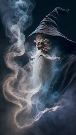 old wizard disappearing into thick smoke