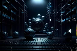 architectural illustration of a hyper crazy aluminum diorama art of the matte black ball squares circles triangles glowing lines motion blur depth of field dark metallic colors light from the left and back hyper shadows octane render