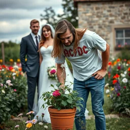 wedding bride and groom serious photo in a country garden, in background queasy man with long hair in an AC/DC t shirt and jeans barfing into a flowerpot, photobomb, humorous, photoreal HD quality