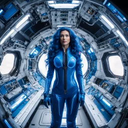 wide-angle photo of a woman in an electric blue suit, with long glowing blue wavy hair, on a space station with views into space