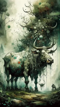 A bull or a horse with a wooden totem with spikes on it, in the middle of the forest. Opposite is a tree with a green-skinned man on it., by Ryohei Hase, Agnes Cecile, Raymond Swanland, Anne Bachelier